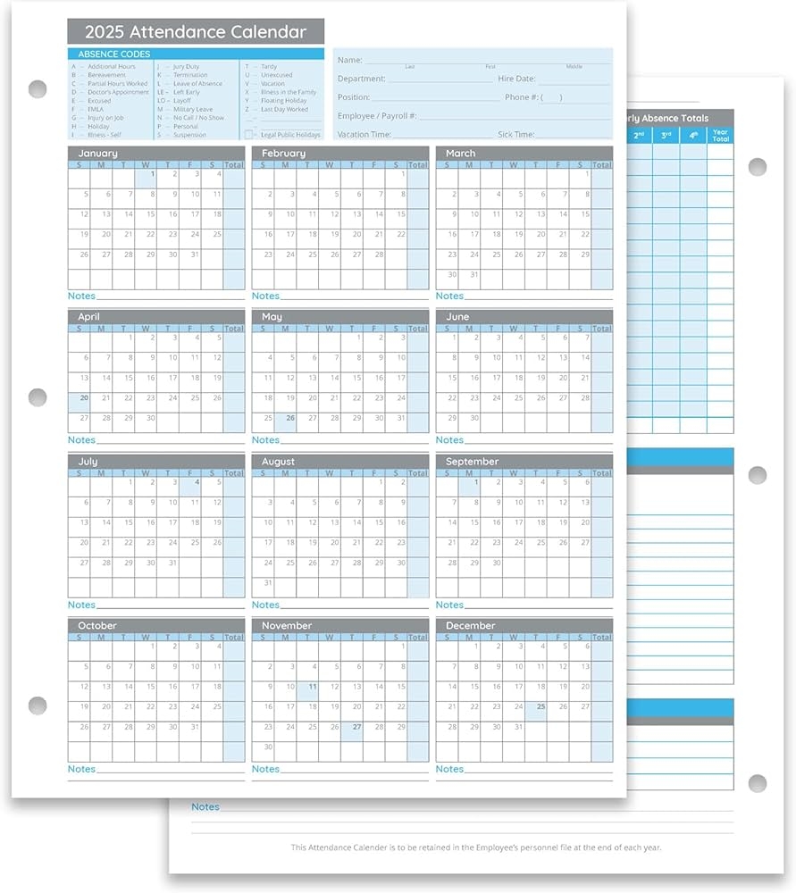 Blue Summit Supplies 50 Sheet Attendance Calendar Employee 2025 Attendance Sheets For 3 Hole Binder Convenient Tracker For Employee Attendance 