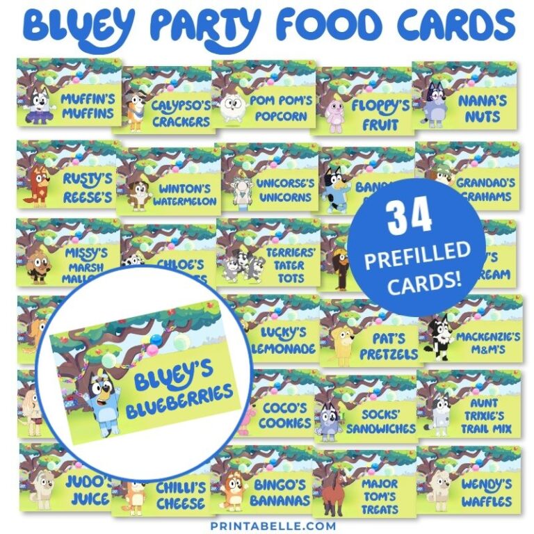 Bluey Party Food Label Cards FREE Snack Bar Sign Printabelle