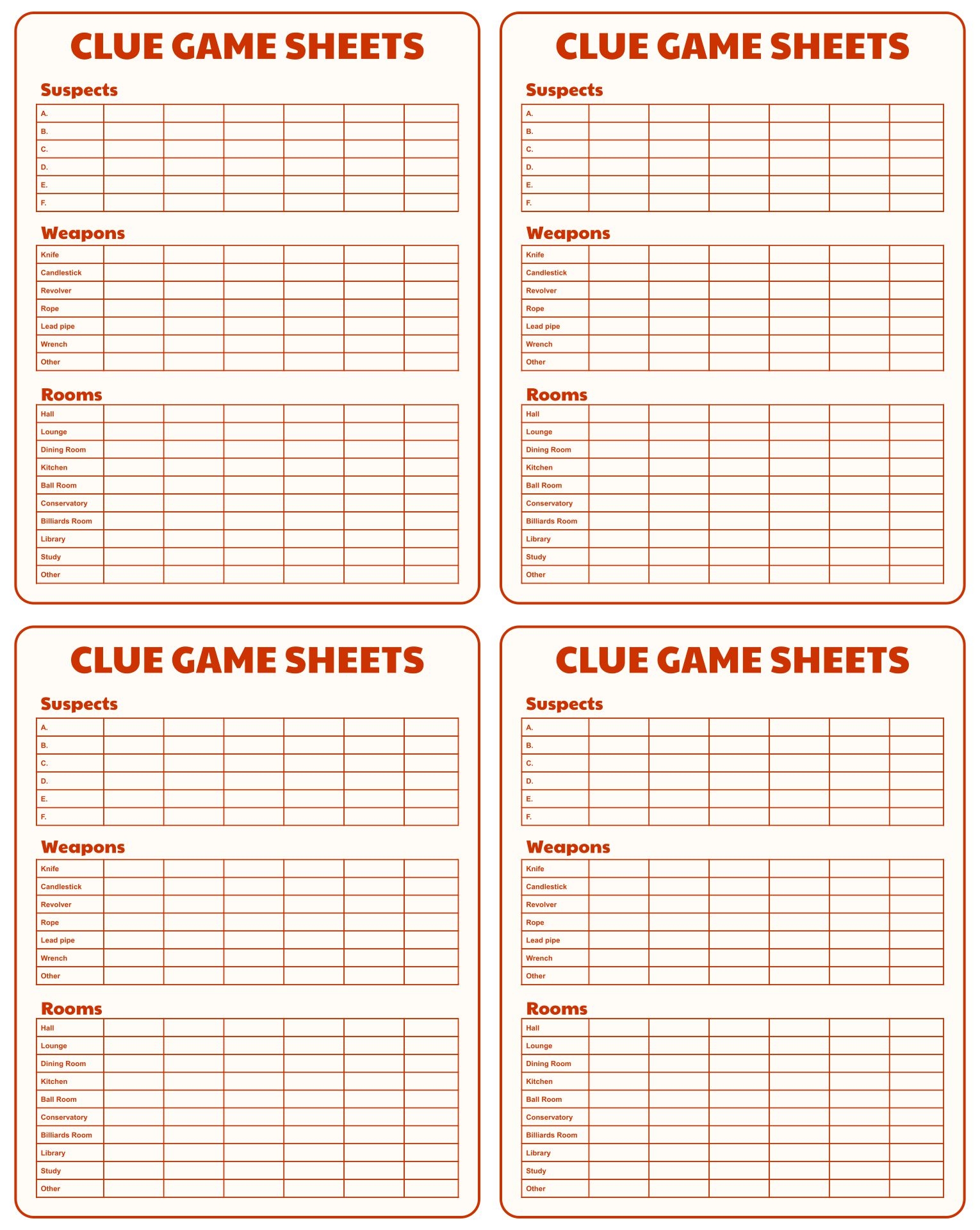 Free Printable Clue Score Sheet Pdf