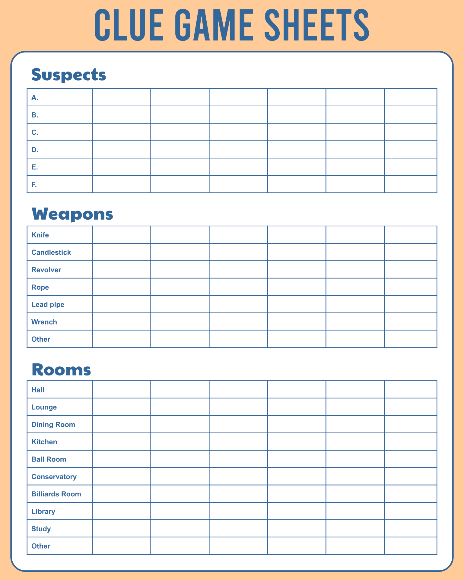 Board Game Clue Sheets 10 Free PDF Printables Printablee