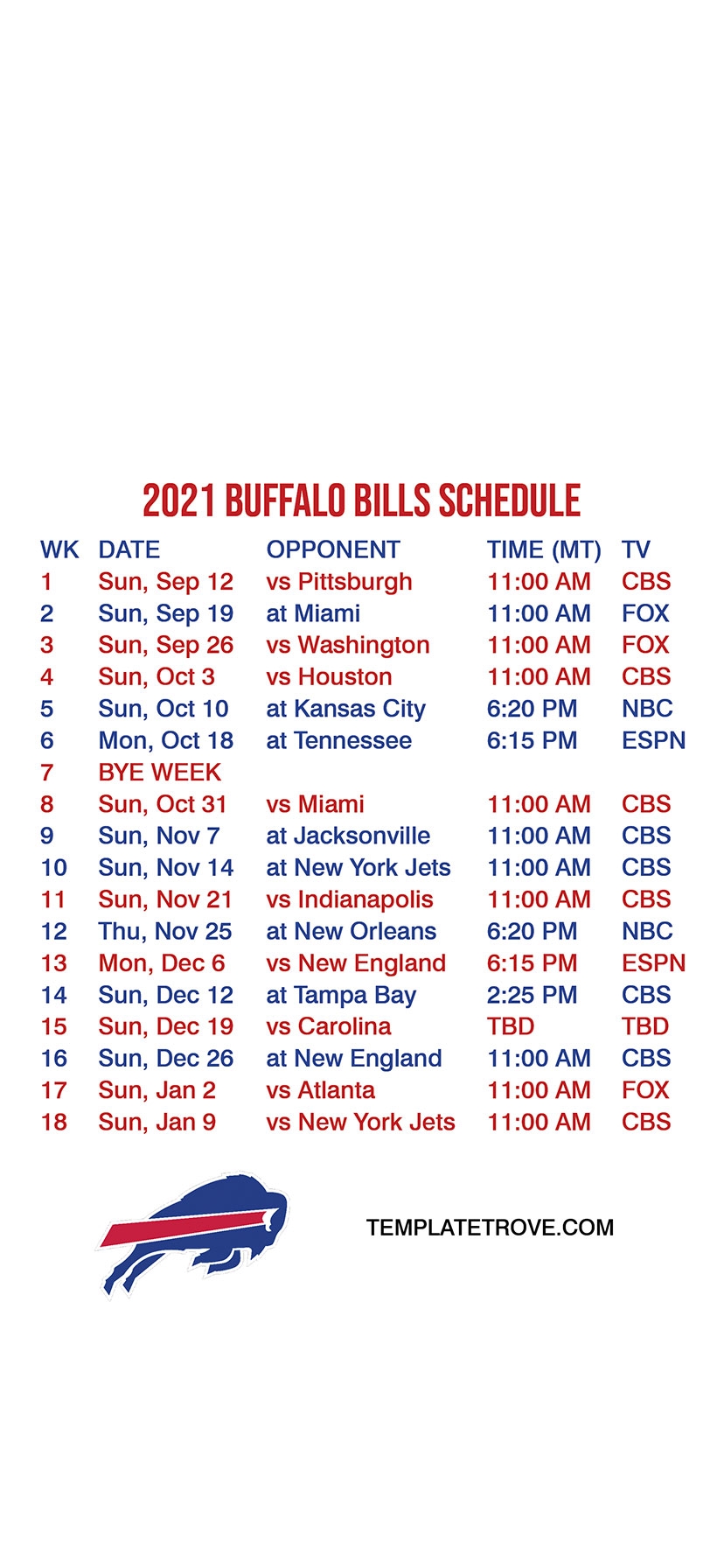 Buffalo Bills Uniform Schedule