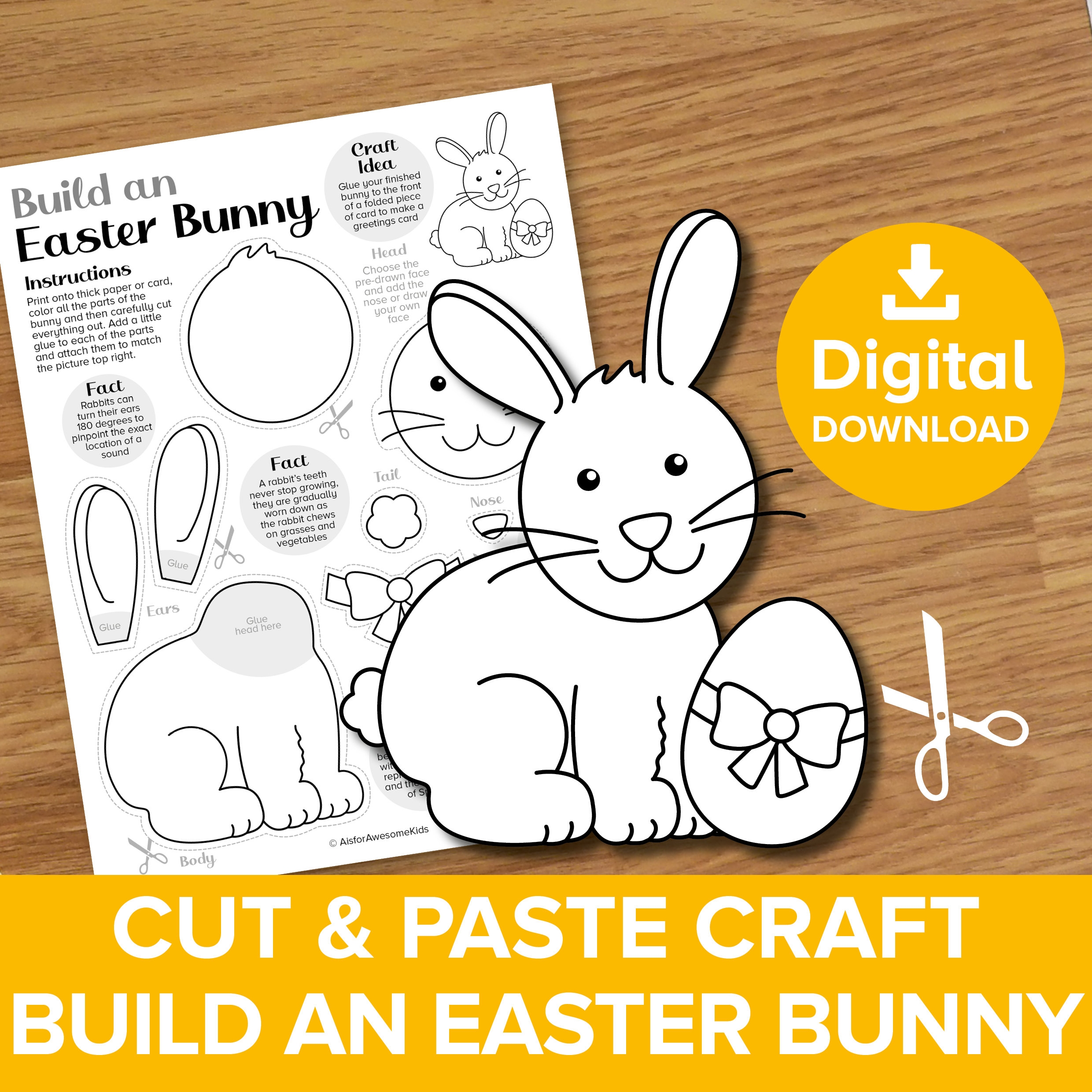 Bunny Cut U0026 Paste Craft Printable Build A Easter Rabbit Coloring Project Spring Baby Farm Animal Art Model Making Educational Activity Kit Etsy