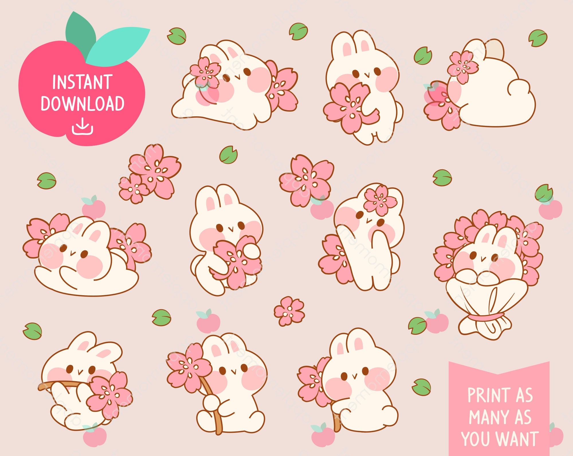 Buy Cute Kawaii Printable Digital Stickers Clipart Rainbow Pink Sakura Bunny Rabbit Spring Printable Planner Stickers PNG Commercial Online In India Etsy