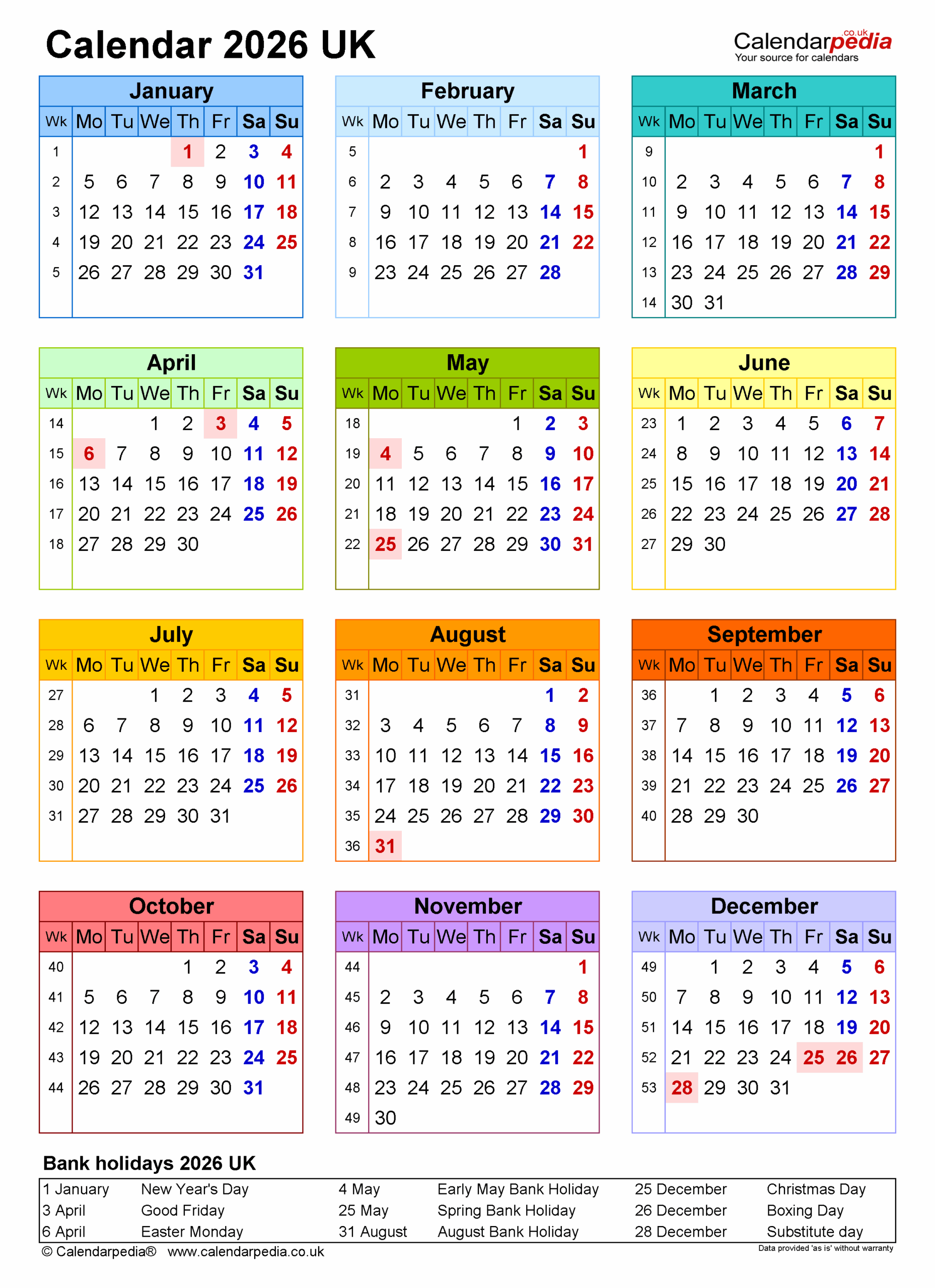 Calendar 2026 UK Free Printable PDF Templates