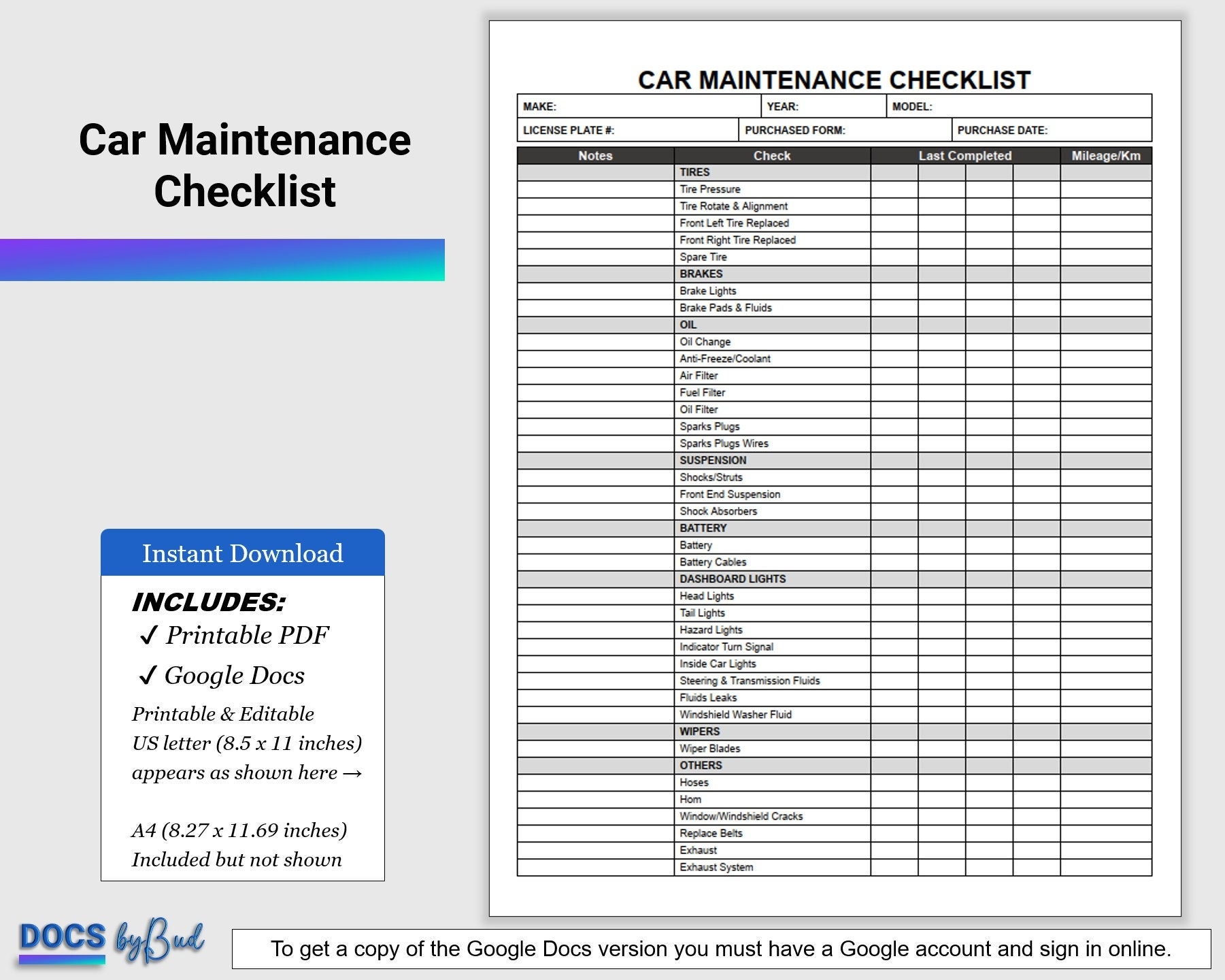 Free Printable Car Maintenance Checklist