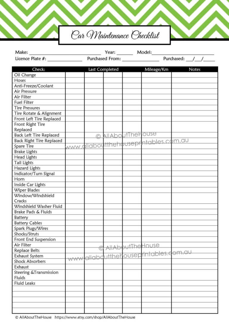 Car Maintenance Checklist Printable Planner Household Binder Home 