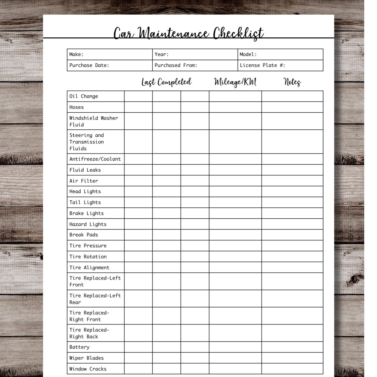 Car Maintenance Printable Checklist Etsy