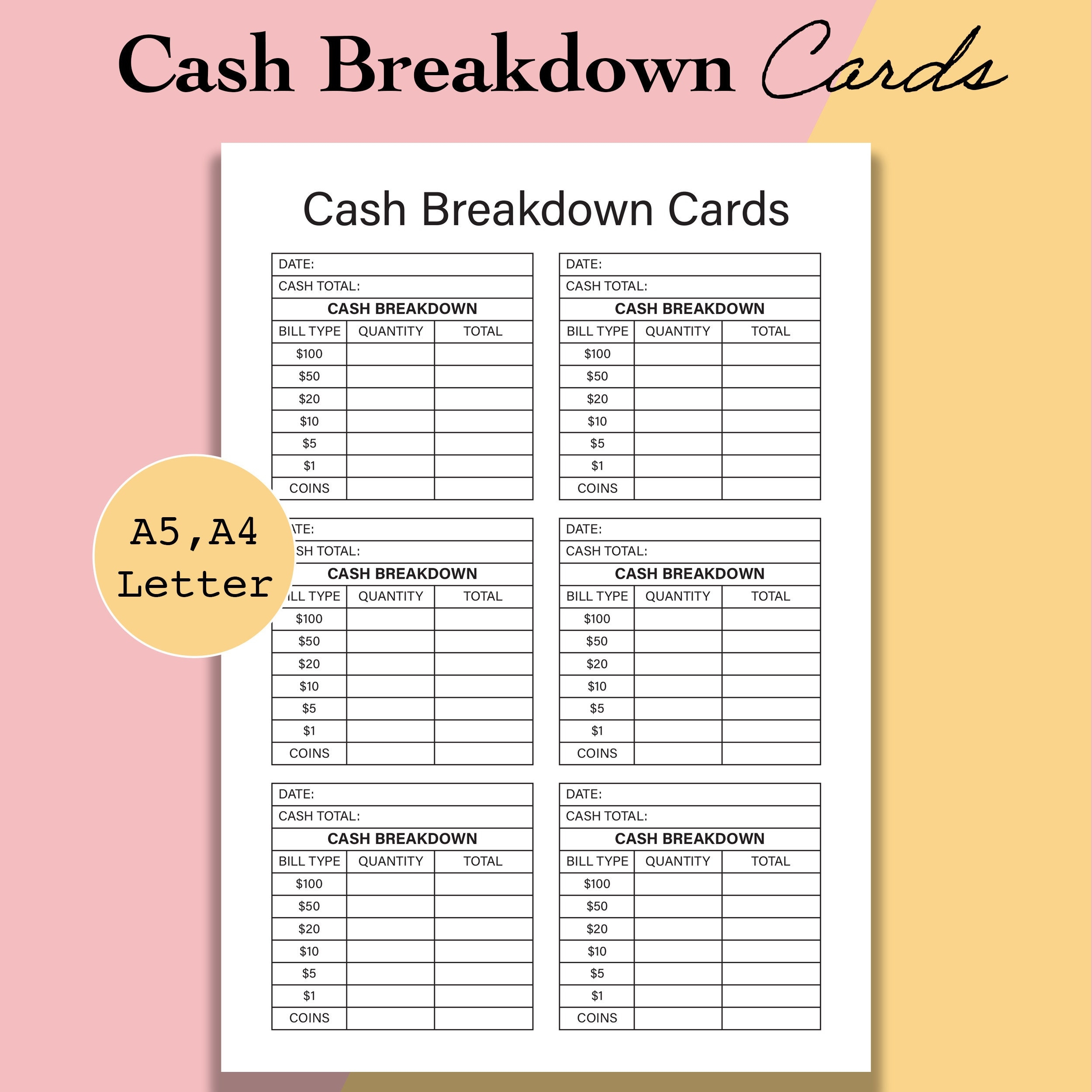 Cash Breakdown Count Sheet Printable Cash Breakdown Cards PDF Cash Withdrawal Slip Money Envelope A5 A4 Letter Digital Download Etsy