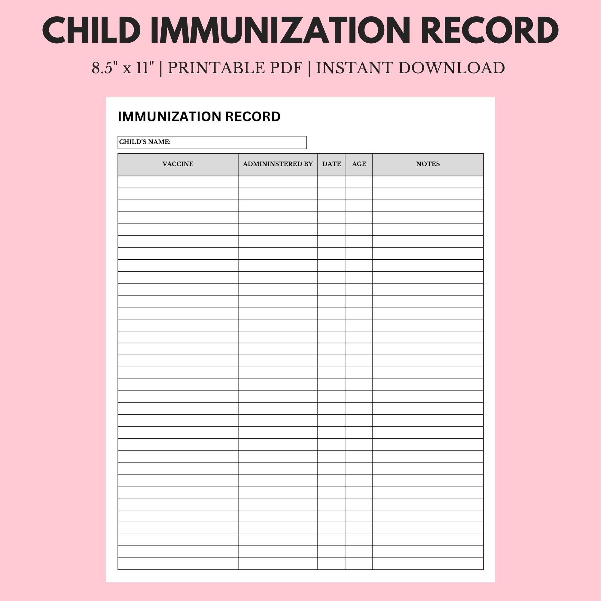 Child Immunization Record 8 5