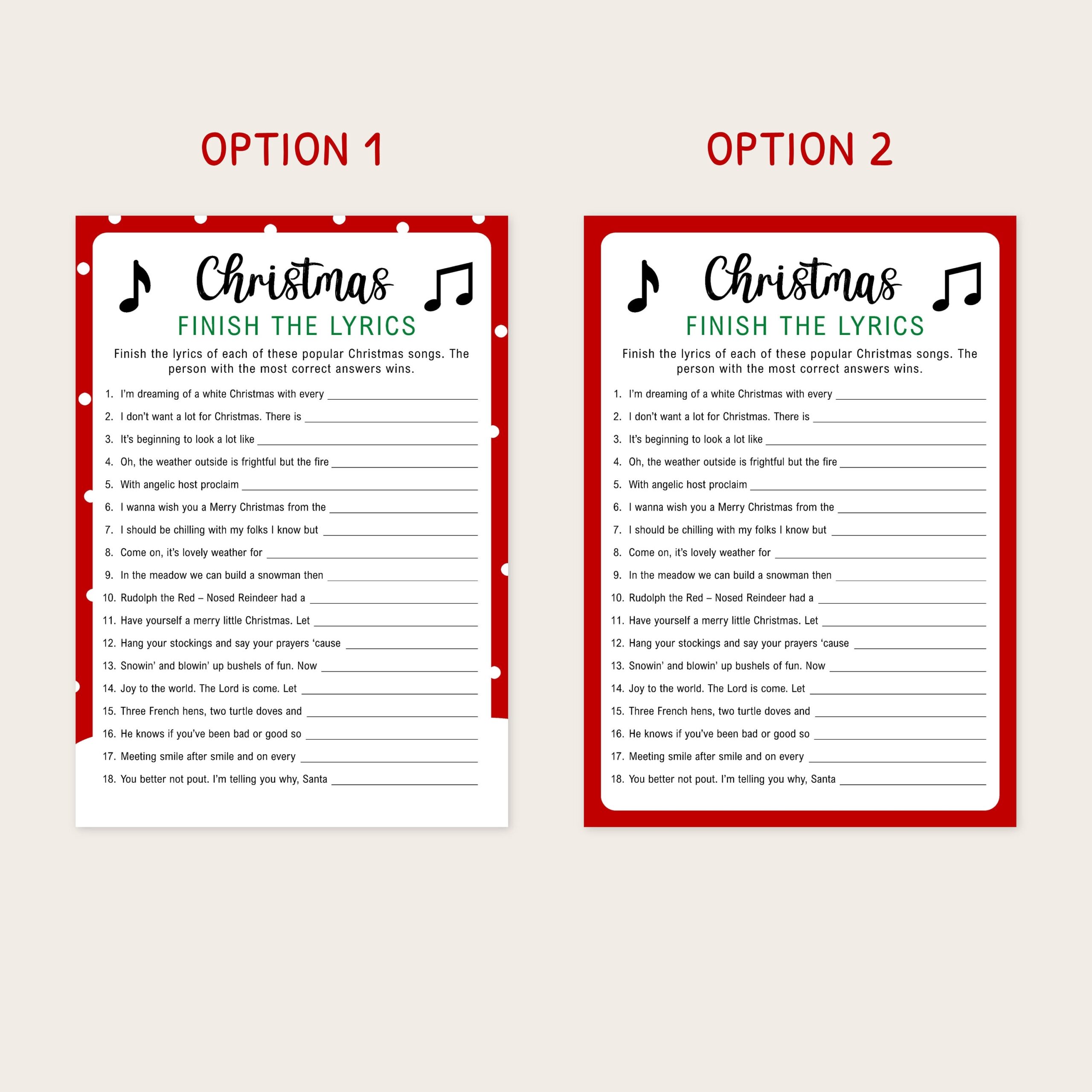 Christmas Finish The Lyrics Game Printable Christmas Game 