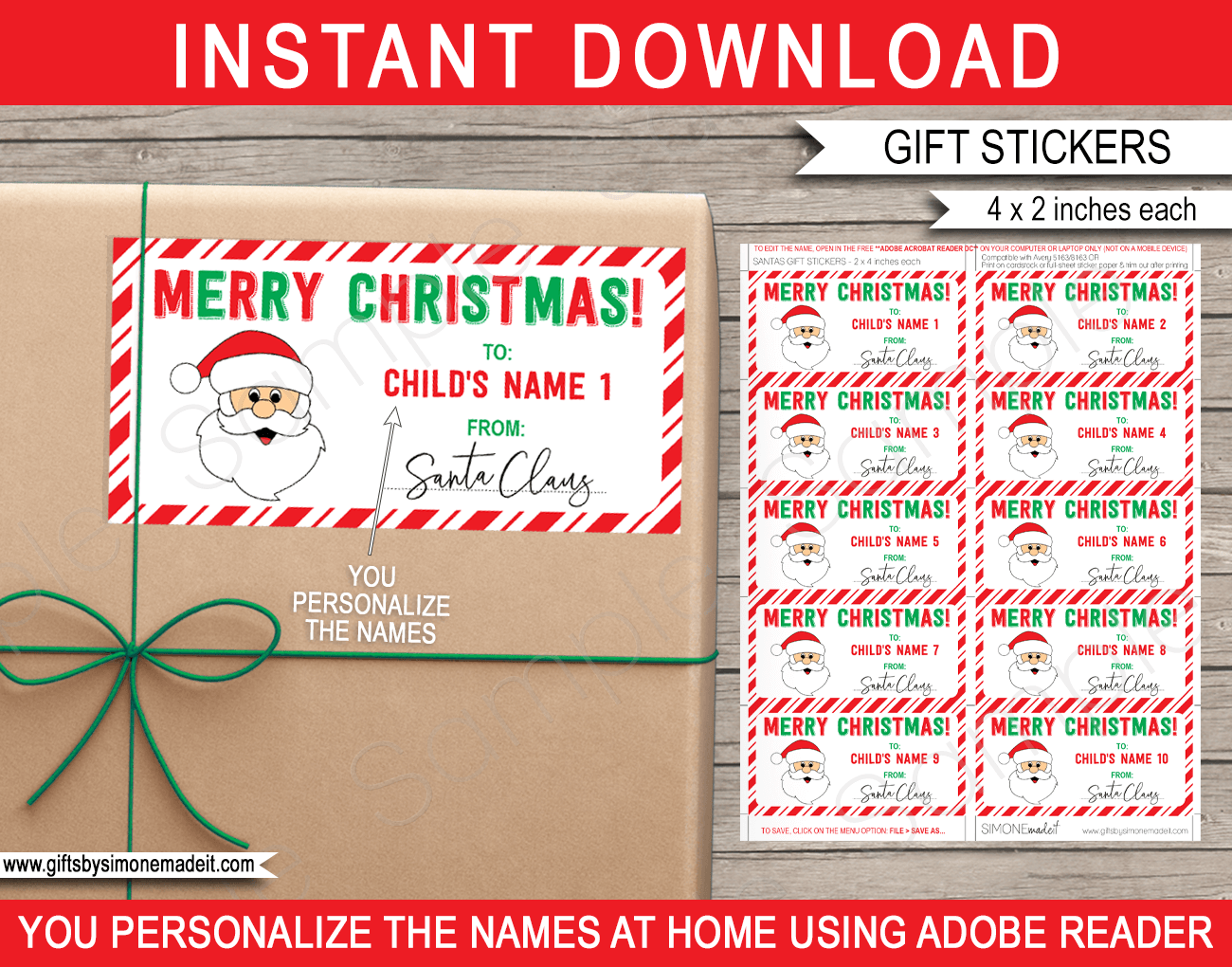 Christmas Gift Labels Template Santa Claus Red U0026 Green