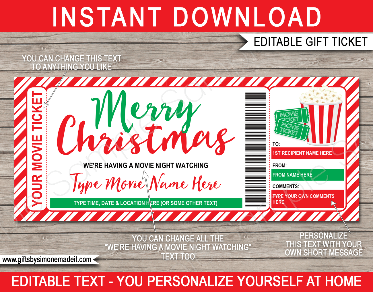 Christmas Movie Ticket Gift Template Family Movie Night Gift Voucher