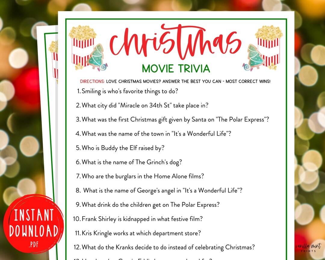Christmas Movie Trivia Game Christmas Trivia Printable Games Christmas Day Fun Holiday Games Christmas Party Games Kids U0026 Adults Etsy UK