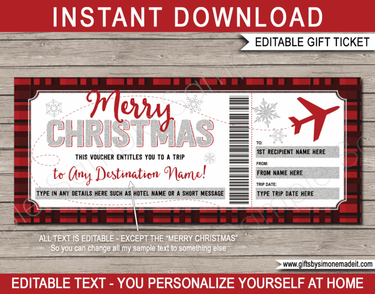 Christmas Plane Ticket Voucher Template Buffalo Plaid