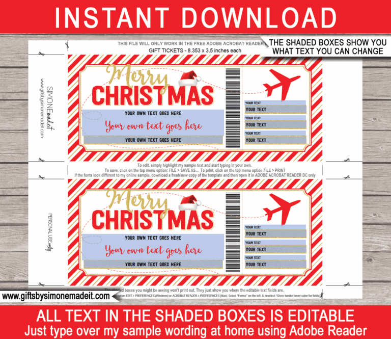 Christmas Plane Ticket Voucher Template Red U0026 Gold