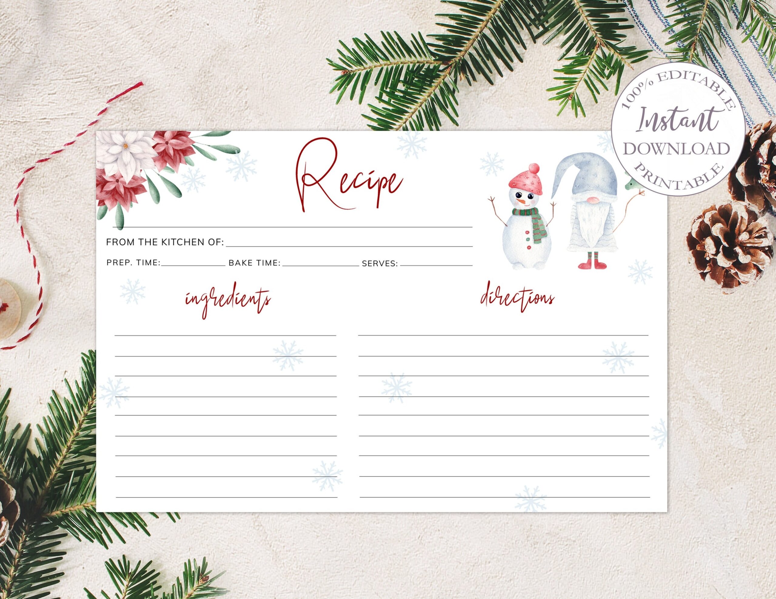 Christmas Recipe Card Printable 4x6 Recipe Cards Template Modern 