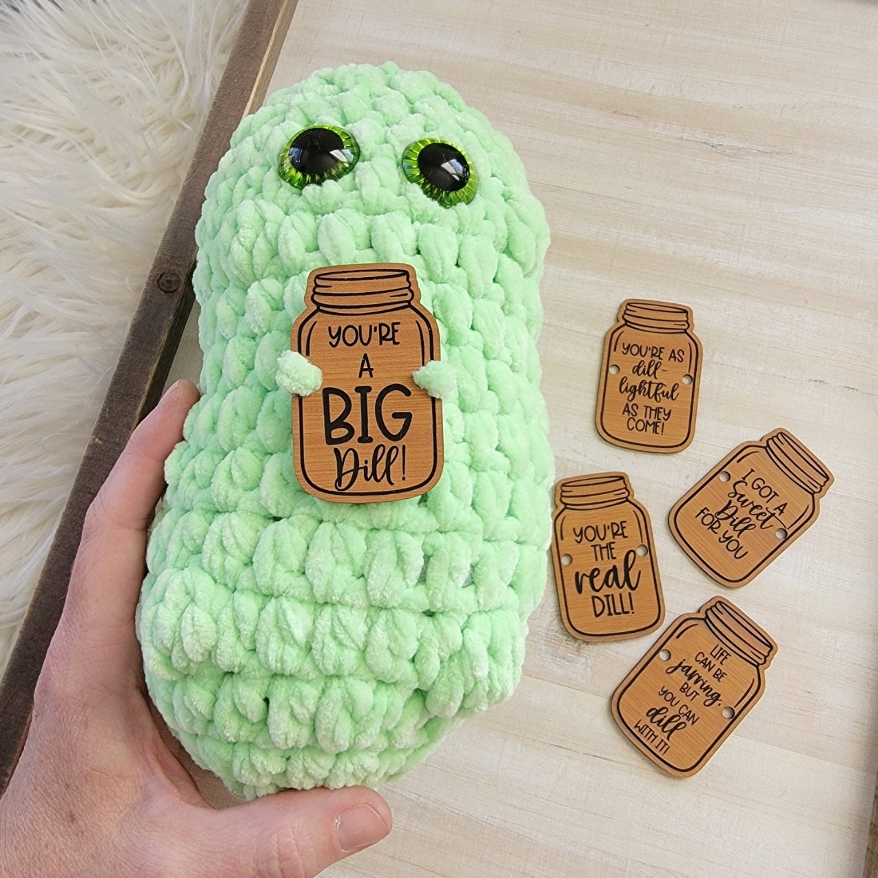 Chunky Pickle Tags Crochet Amigurumi Emotional Support Pickle Tags Set Of 5 Or 7 Punny Pick Me Up Pickle Patches Faux Leather Ready To Ship