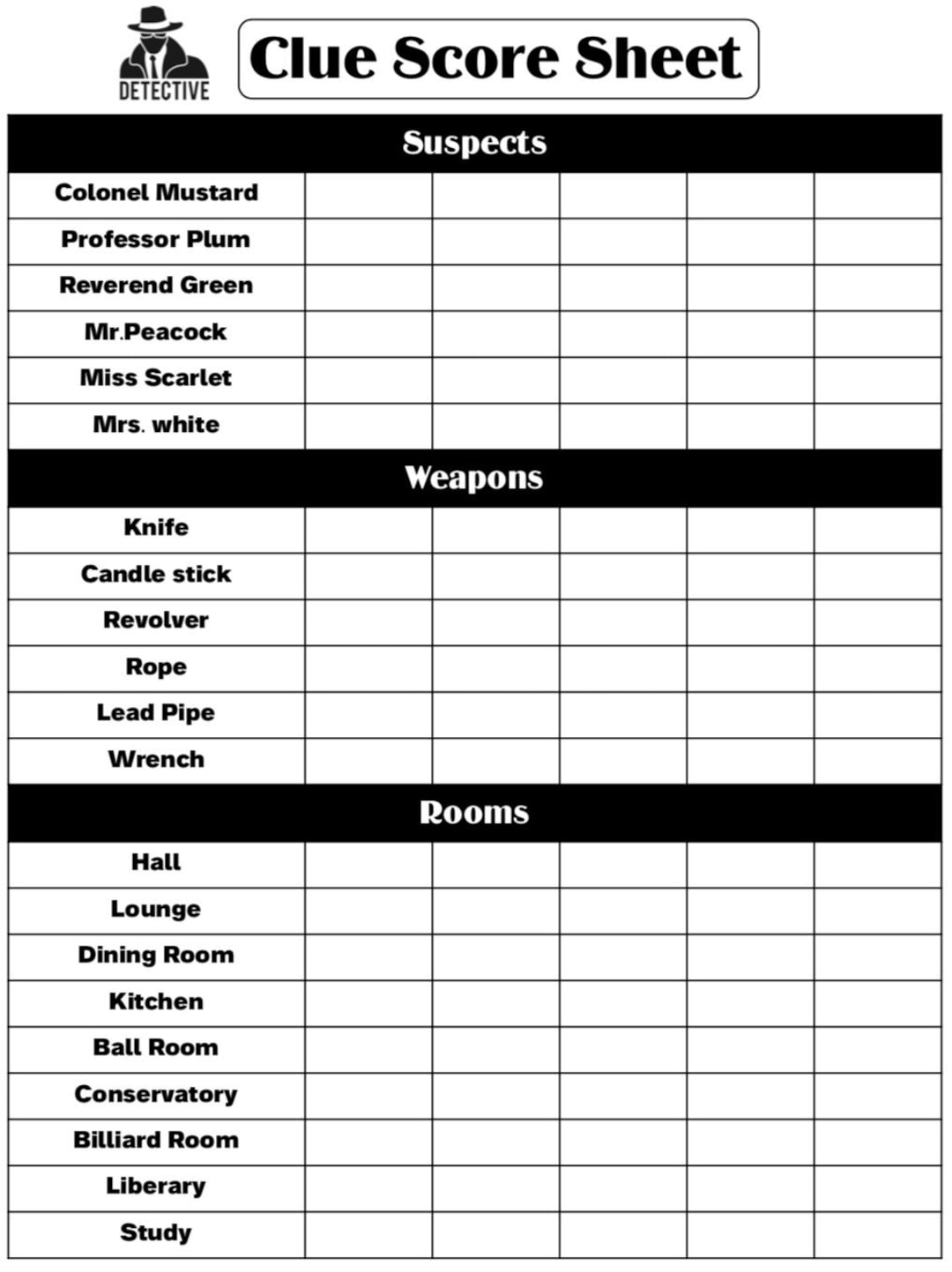 Clue Score Card Clue Scoresheet Clue Score Pads Printable File PDF Download 8 5x11 Etsy UK