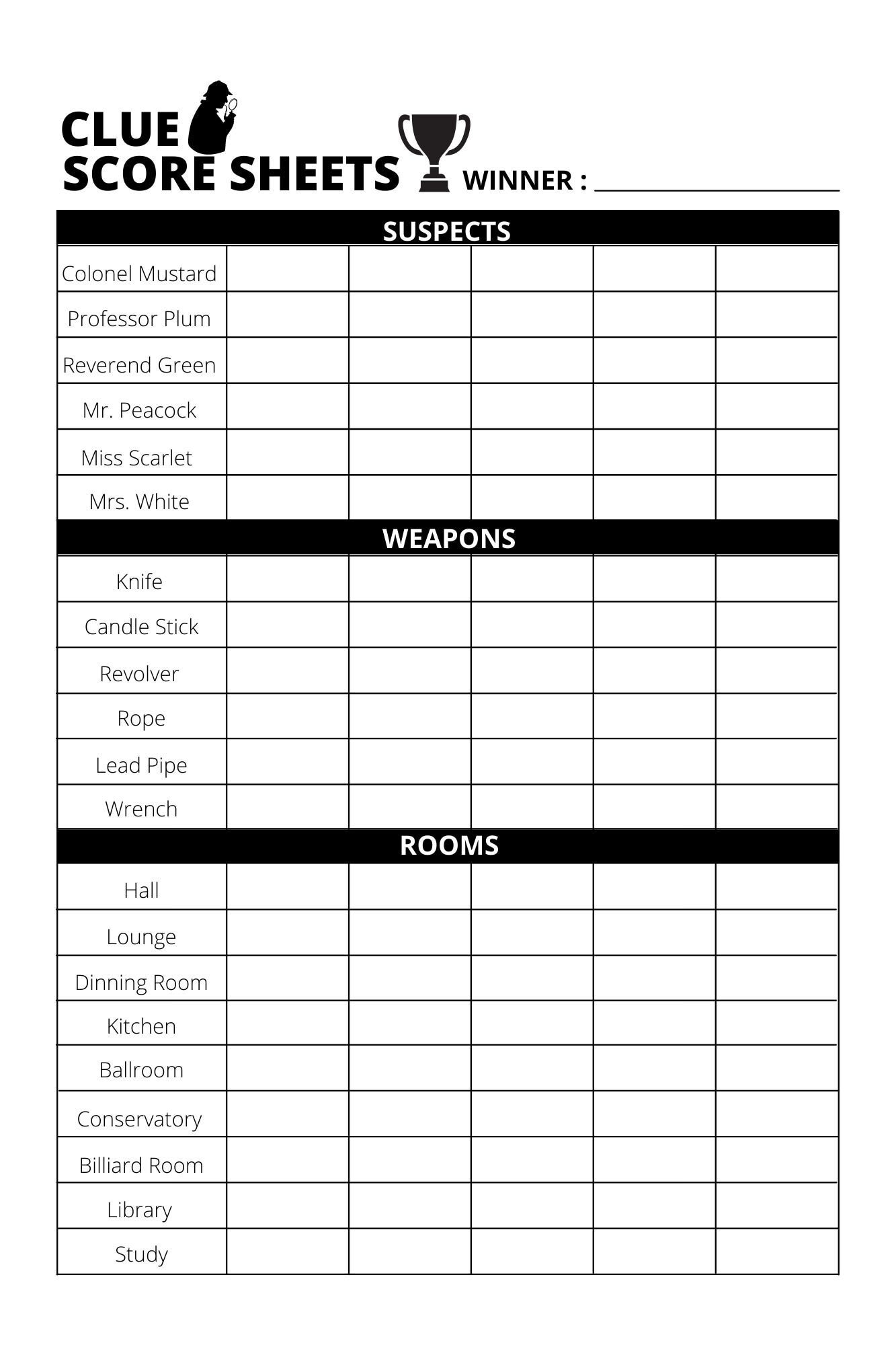 Clue Score Sheet Download print PDF File Etsy