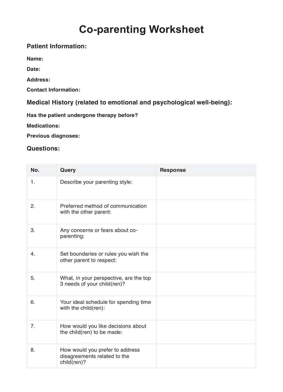 Co parenting Worksheets U0026 Example Free PDF Download