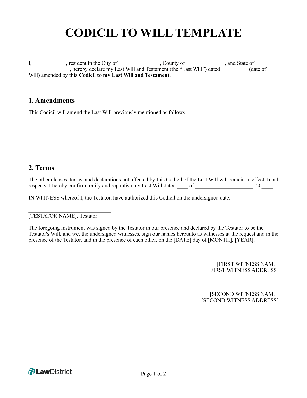Codicil To Will Form Free Printble PDF U0026 Word LawDistrict