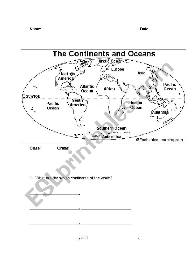 Free Printable Continents And Oceans Worksheet