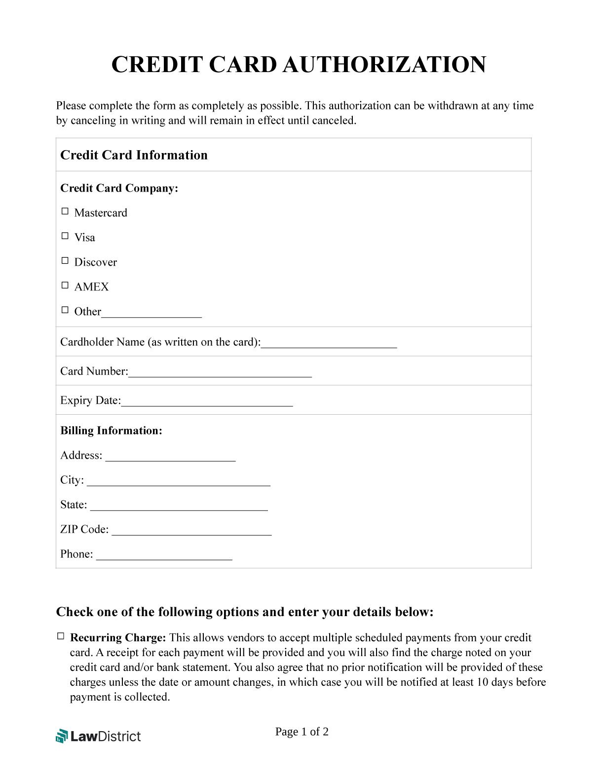 Credit Card Authorization Free Template PDF U0026 Word LawDistrict