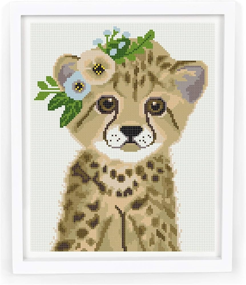 Cross Stitch Pattern Baby PDF Cute Safari Animal Cheetah Geopardo Printable Easy Cross Stitch Design Flowers Modern Counted DMC Cross Stitch Chart 