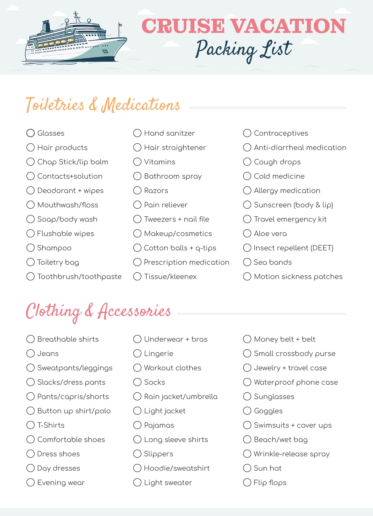 Free Printable Cruise Packing List