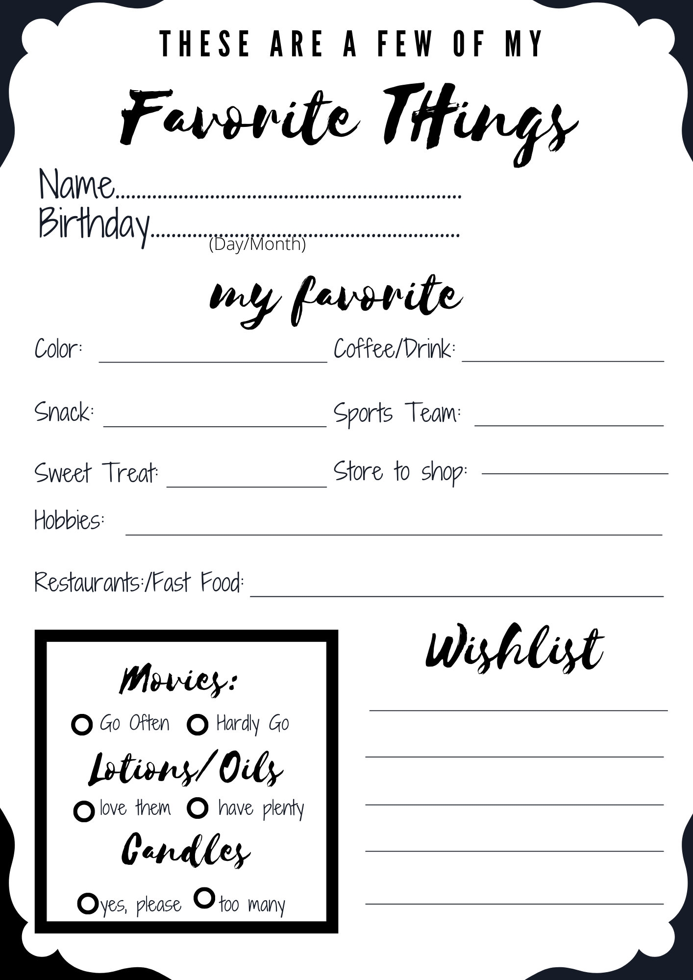 Free Printable My Favorite Things Worksheet