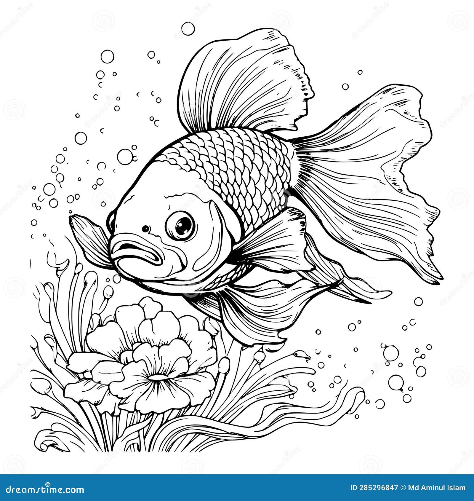 Cute Fish Coloring Page Drawing For Kids Stock Vector 