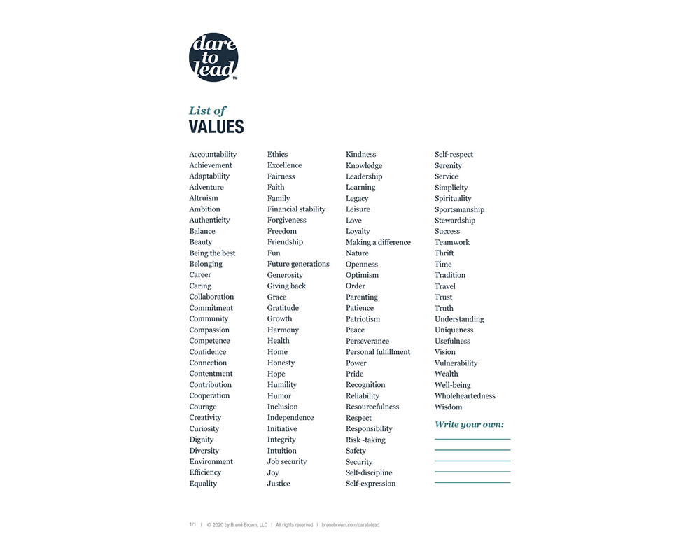 Free Printable Core Values Worksheet