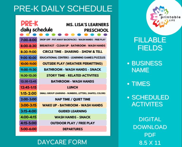 Daycare Daily Schedule For Pre k Printable Child Care Fillable PDF Etsy Hong Kong