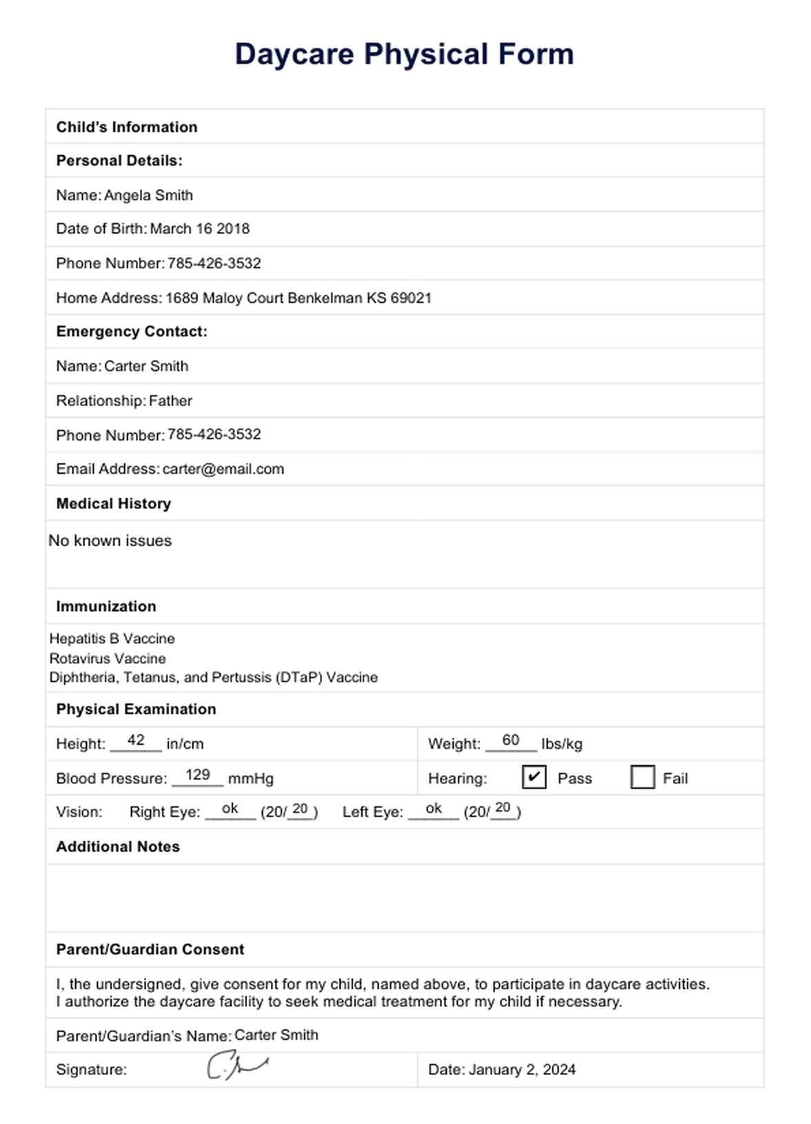 Daycare Physical Form U0026 Example Free PDF Download