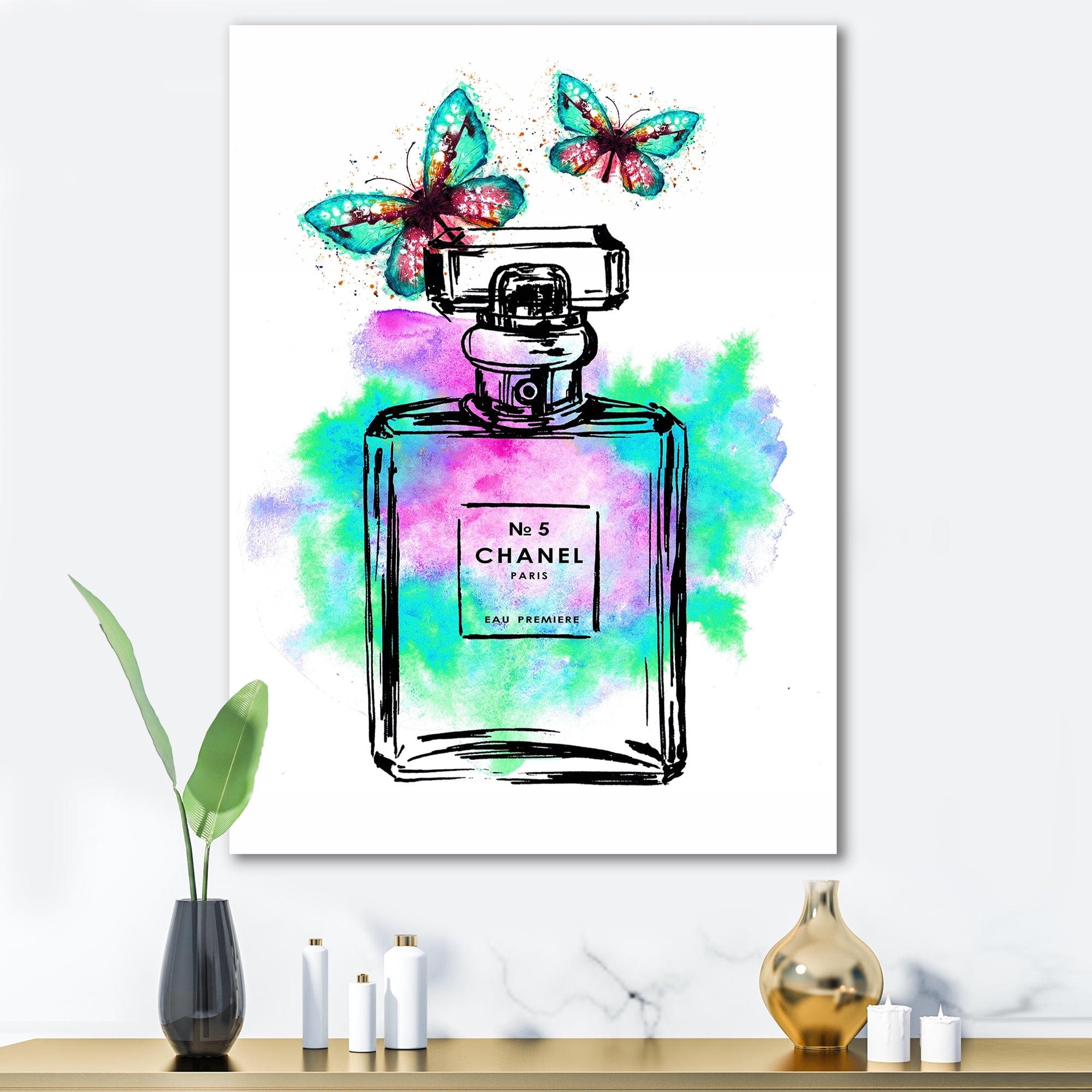 Designart Perfume Chanel Five With Butterflies Modern Canvas 