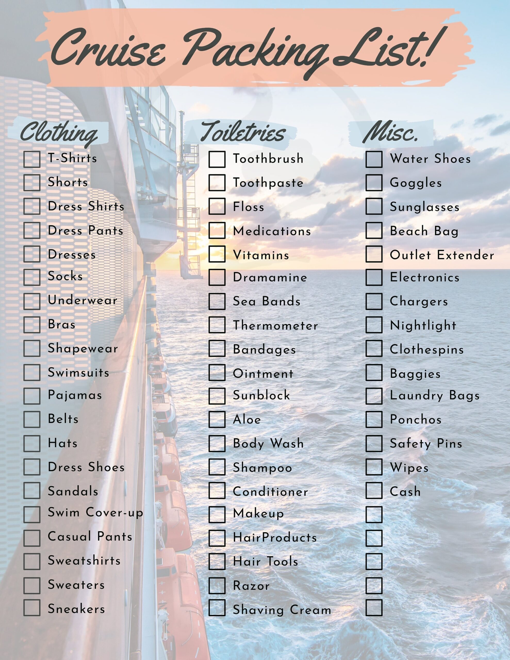 Digital Download Cruise Packing List Printable PDF Letter Size