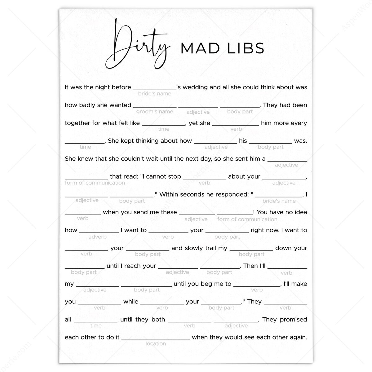 Dirty Mad Libs Bachelorette Party Game Printable