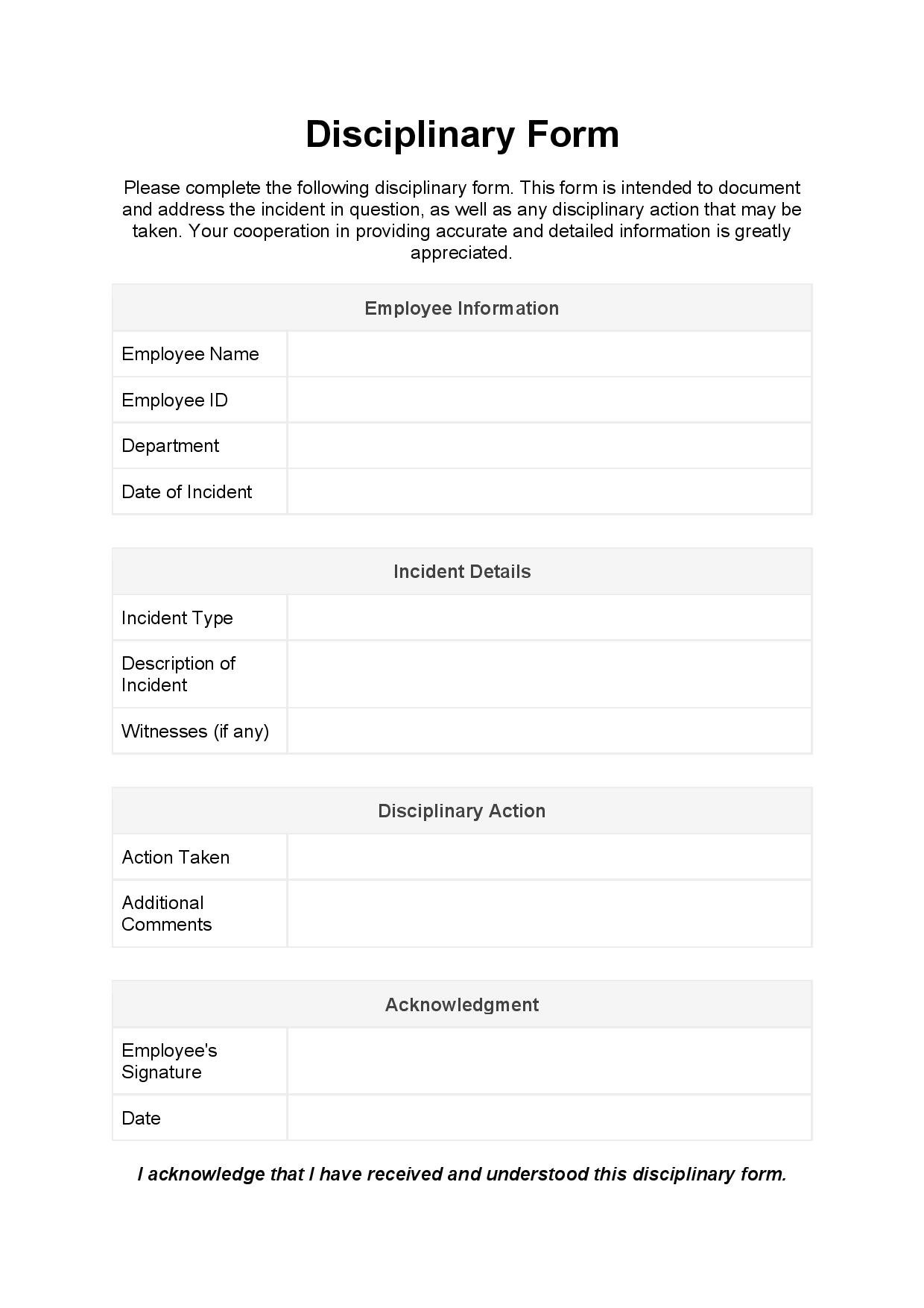 Free Printable Disciplinary Action Form