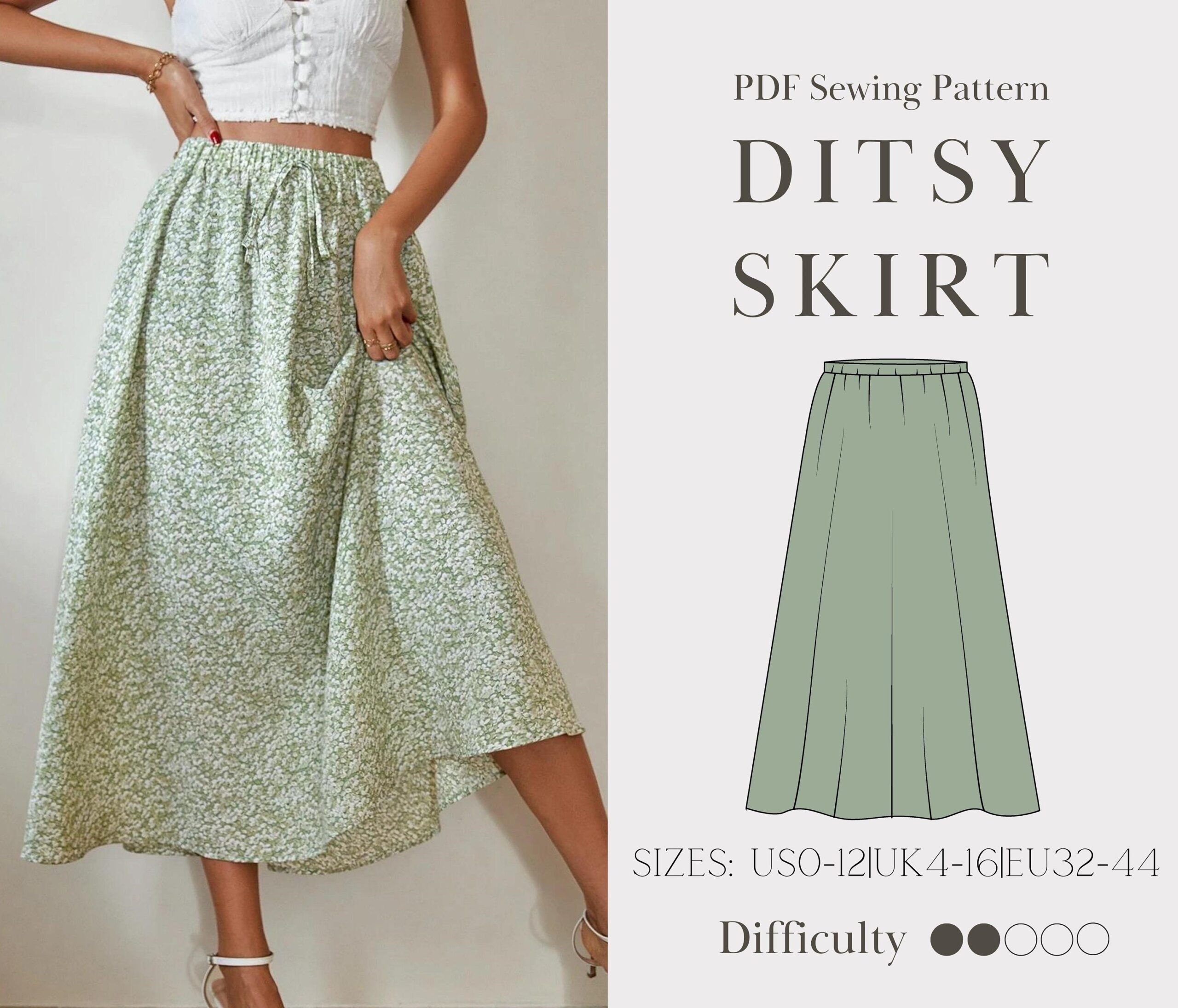 Ditsy Skirt Pdf Sewing Pattern Elastic Waist Skirt For Beginners Sizes US 0 12 UK 4 16 EU 32 44 Instant Download Easy Diy Project Etsy