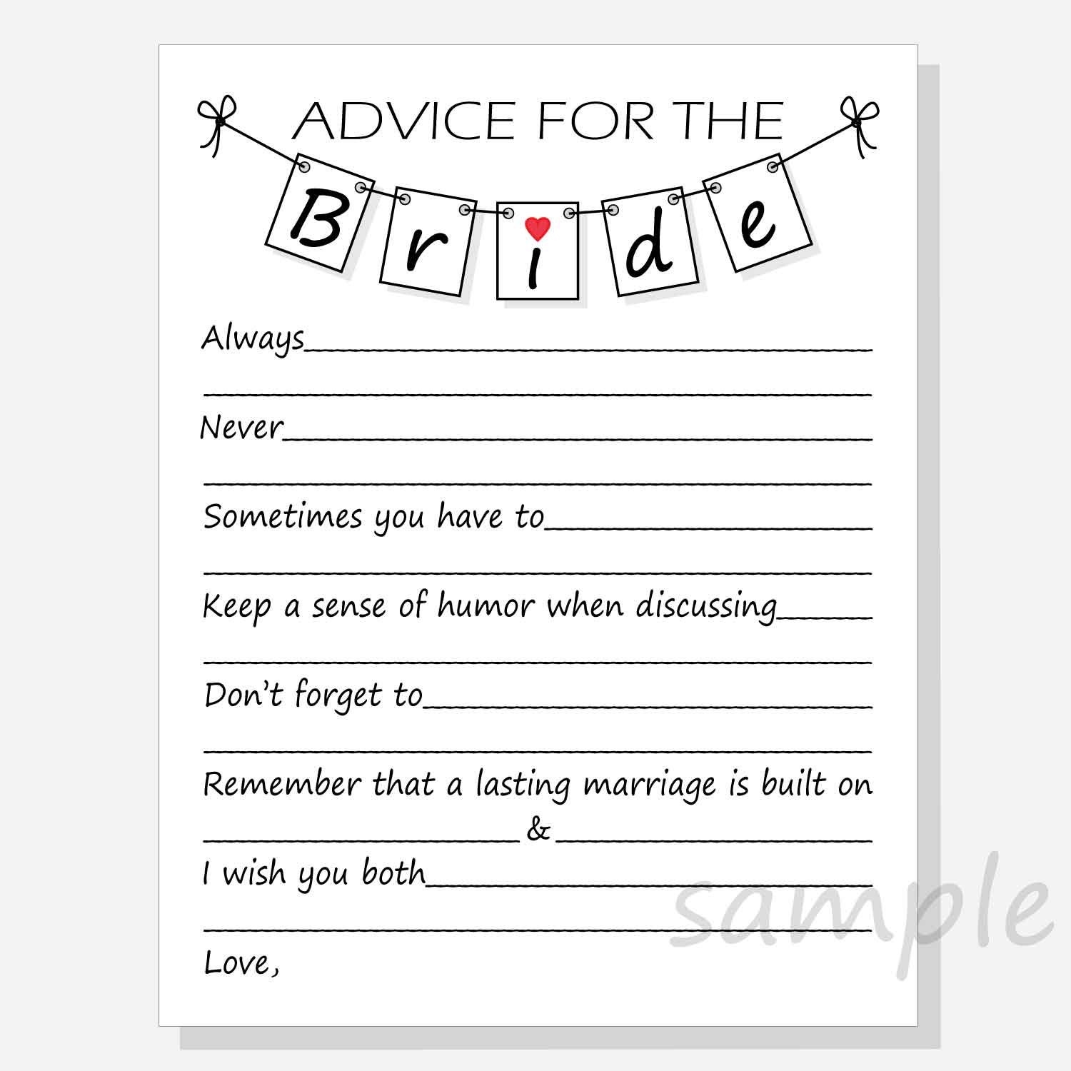 DIY Advice For The Bride Printable Cards For A Bridal Shower Pennant Design Always Never Etc With Red And Hot Pink Hearts