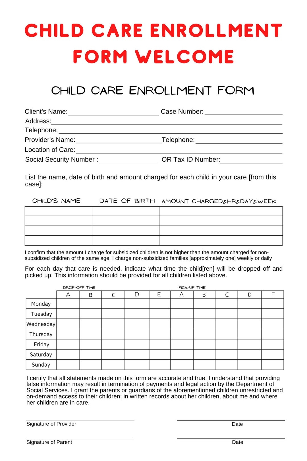 Free Printable Child Care Forms Pdf