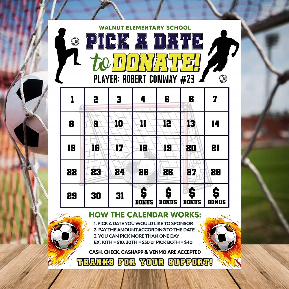 DIY Soccer Pick A Date Fundraising Calendar Football Sports Donation Calendar Template