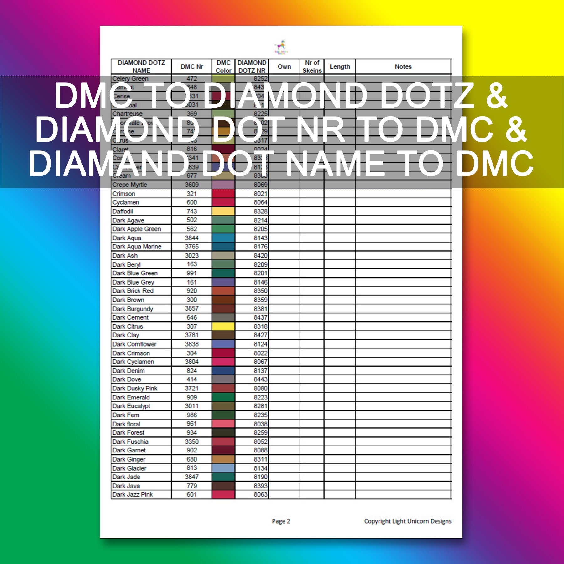 DMC To Diamond Dotz Conversion Chart PDF Instant Download Cross Stitch Chart Inventory Dmc List Diamond Dots Converion To DMC Etsy Australia