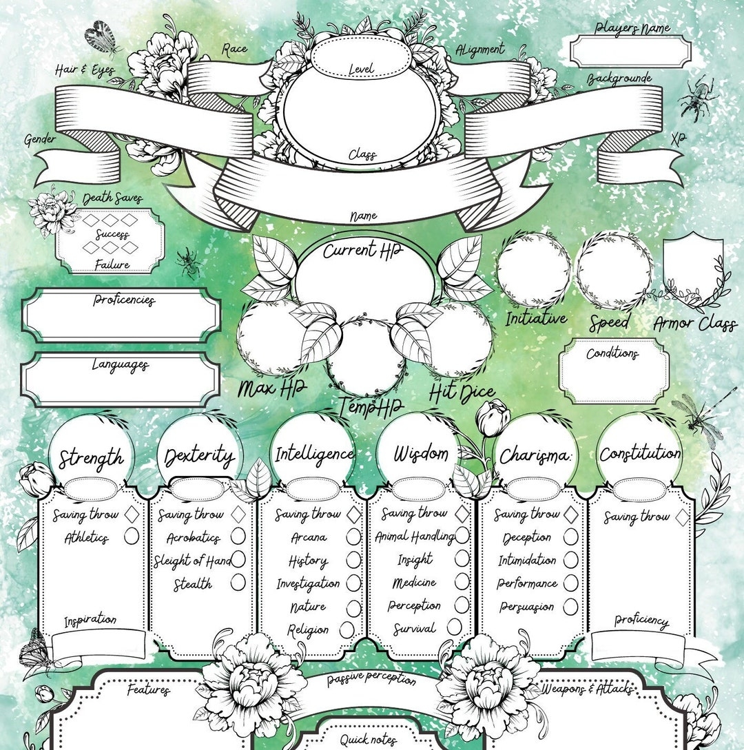 Dnd Printable Character Sheet Dnd Botanical Character Sheet Dnd Character Sheet Template Du0026D Druid Character Sheet RPG Character Sheet Etsy