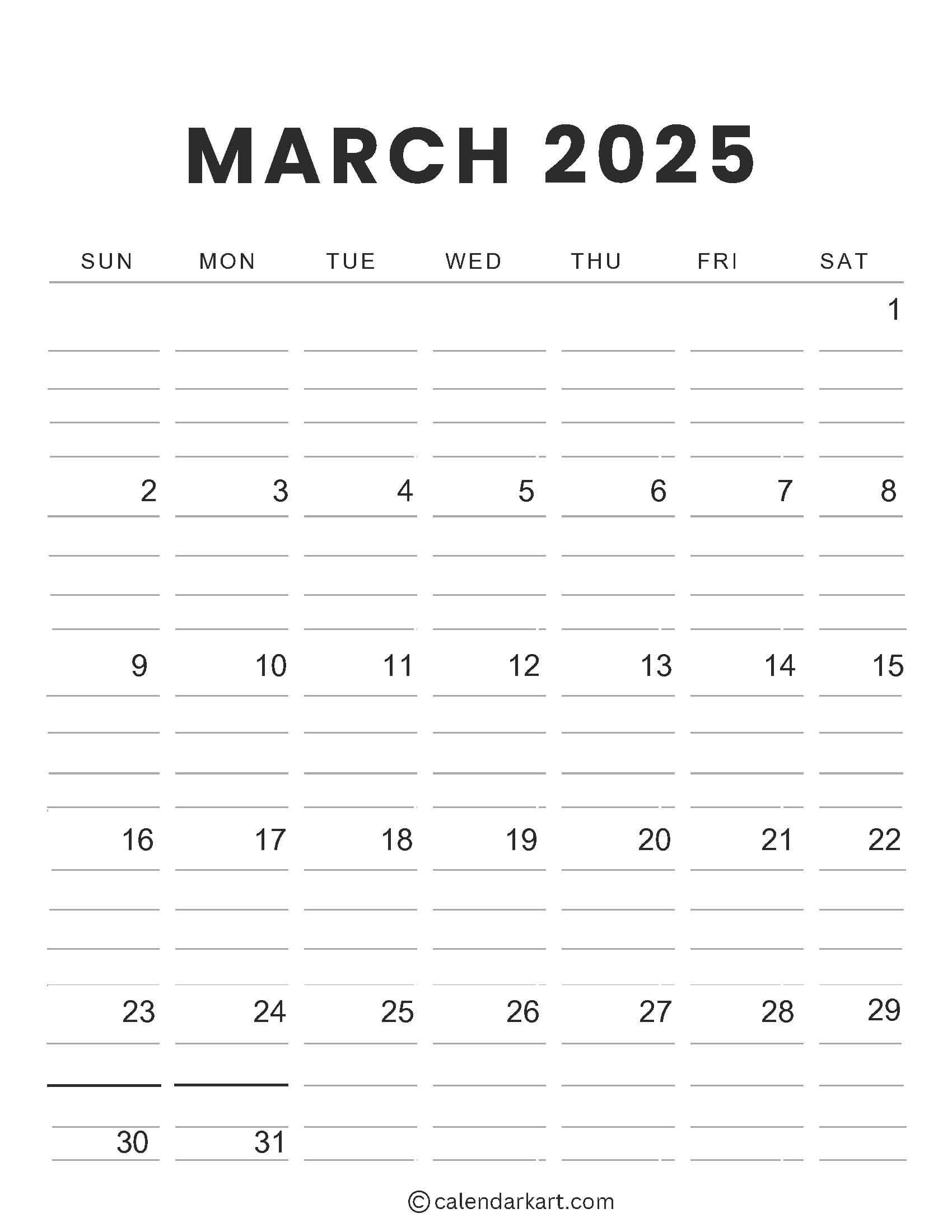 Download Free Printable March 2025 Calendar Calendarkart