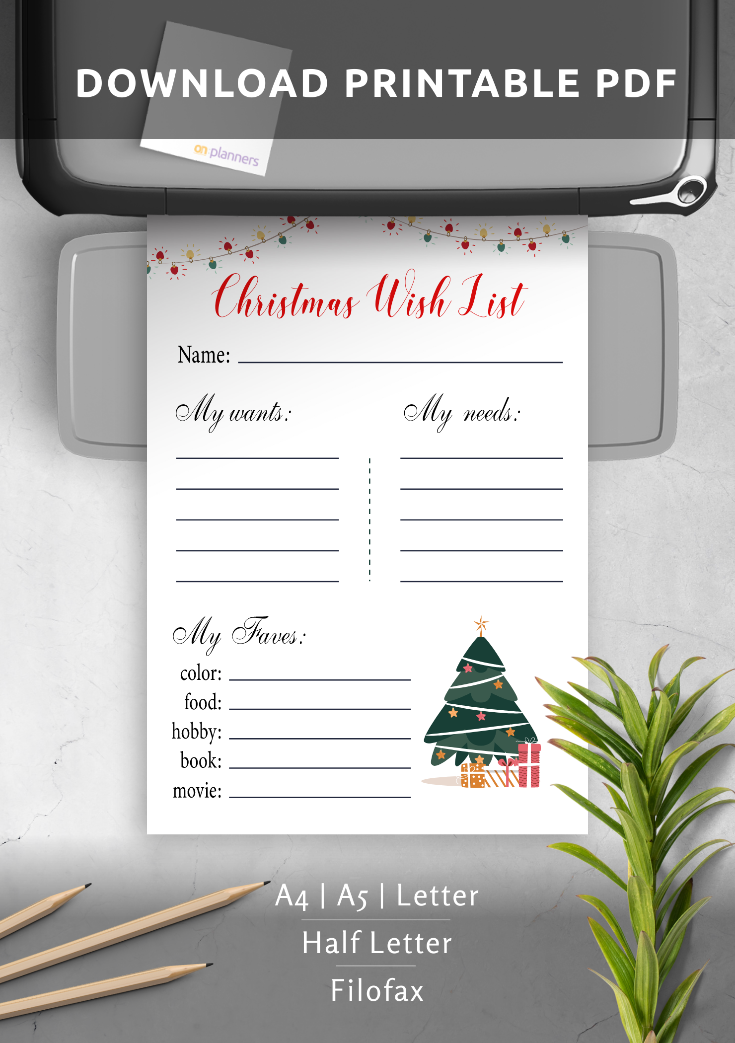 Download Printable White Christmas Wish List Template PDF