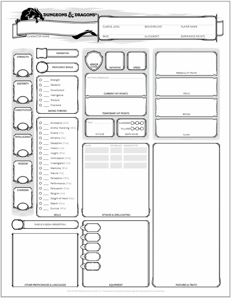 Du0026D 5E Character Sheet Editable Printable Fillable PDF Du0026D 5e Character Sheets