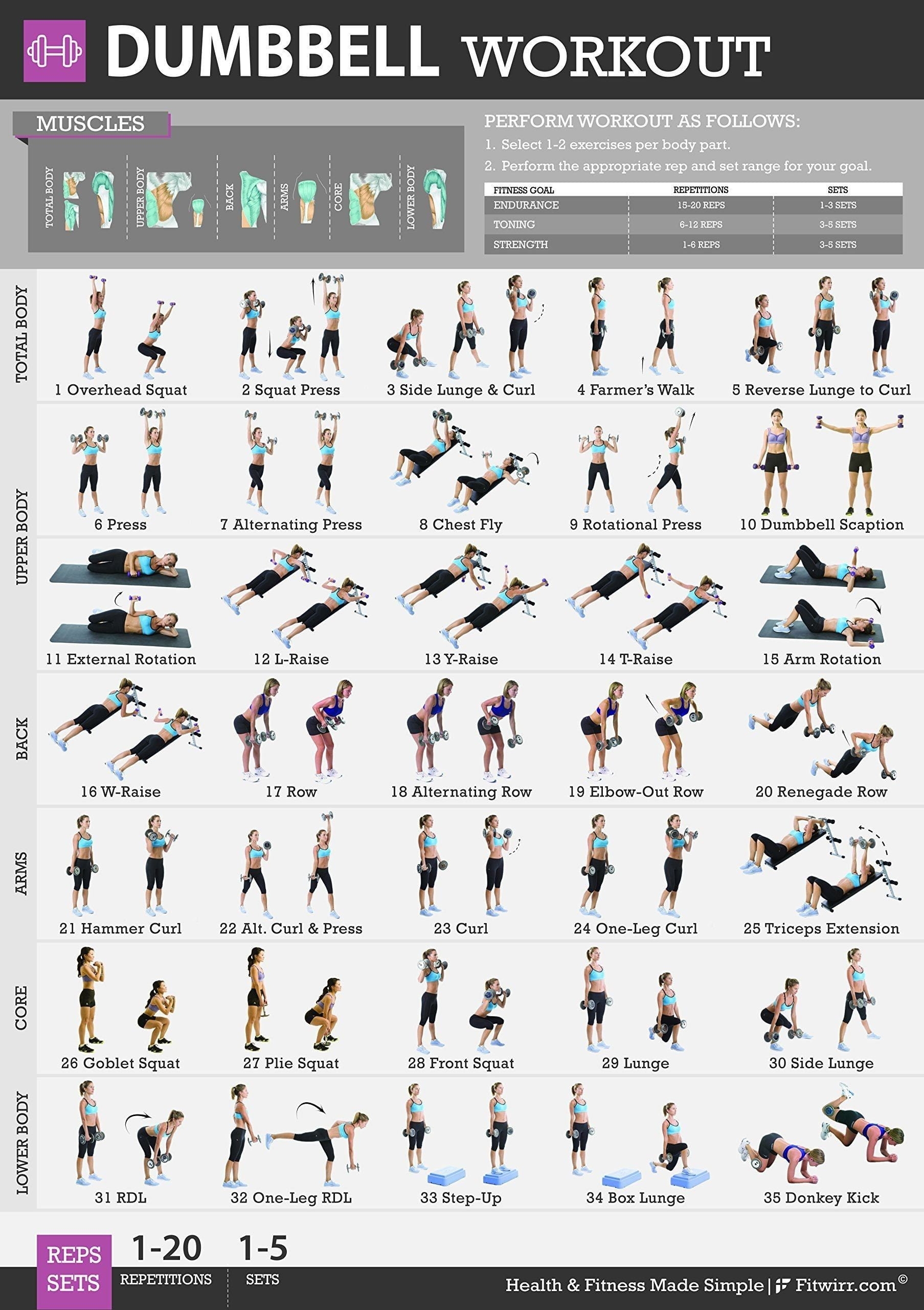 Dumbbell Workout Chart Exercise Poster Living Room Wall Decoration Bedroom Art Deco Frameless 8x10inches