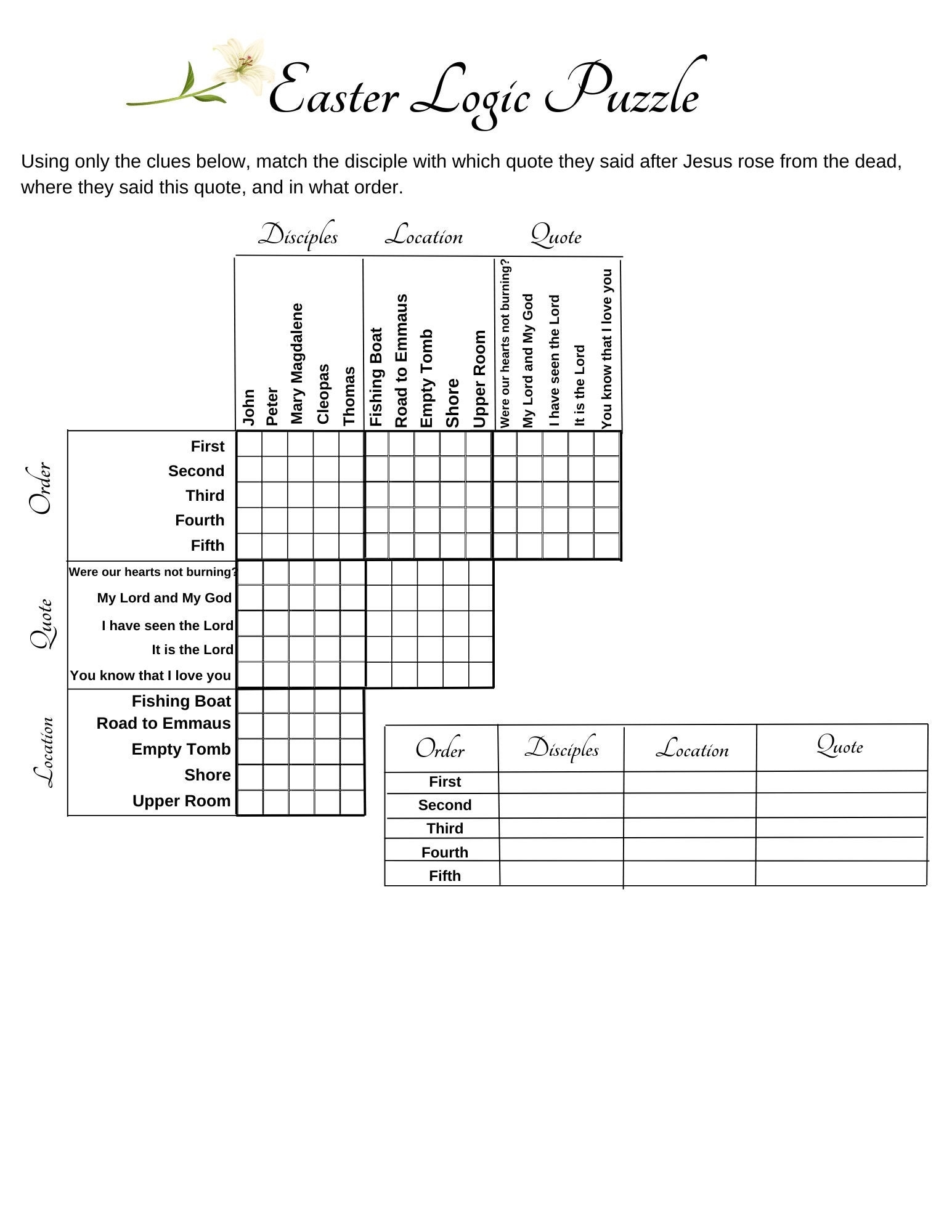 Easter Logic Puzzle Printable Logic Puzzle Games Christian Disciples Bible Instant Download