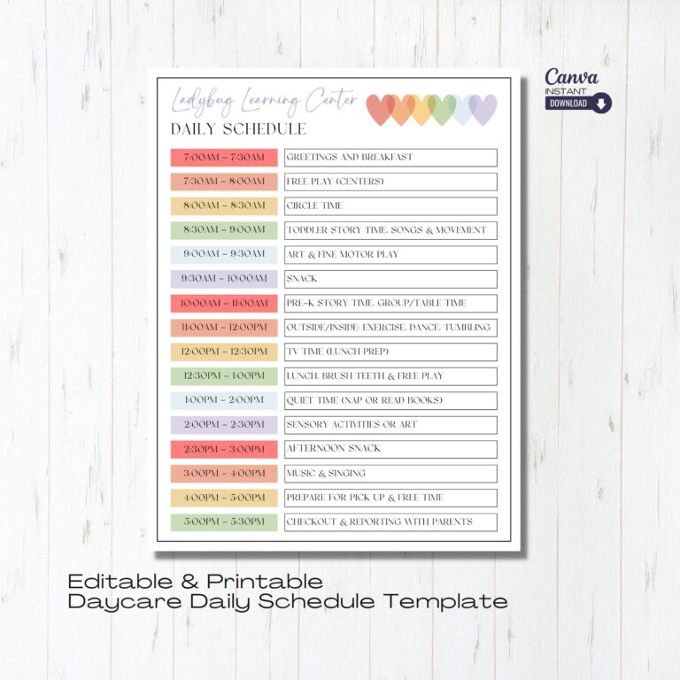 Editable Daily Daycare Schedule Template Printable Home Daycare 